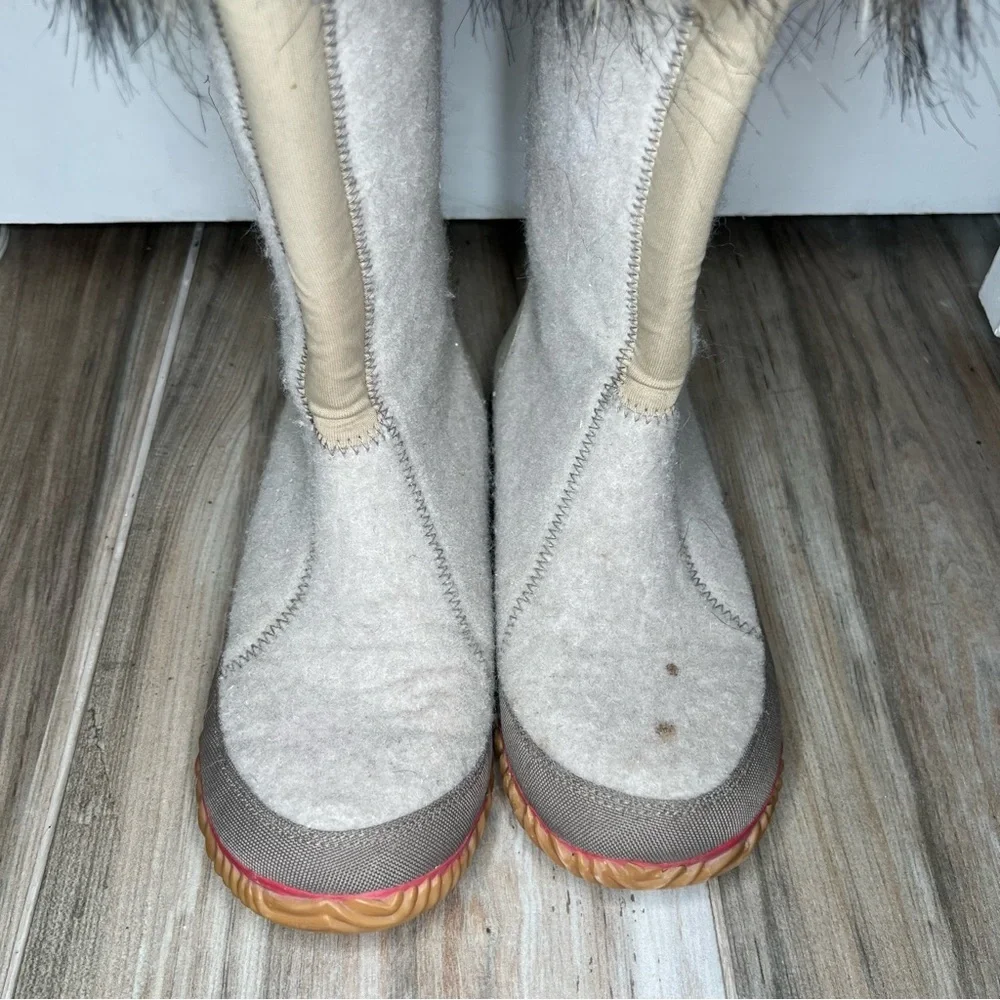 Sorel Cozy Joan Tall Felt Boots Faux Fur Top Womens Sz 10 Beige Tan Brown